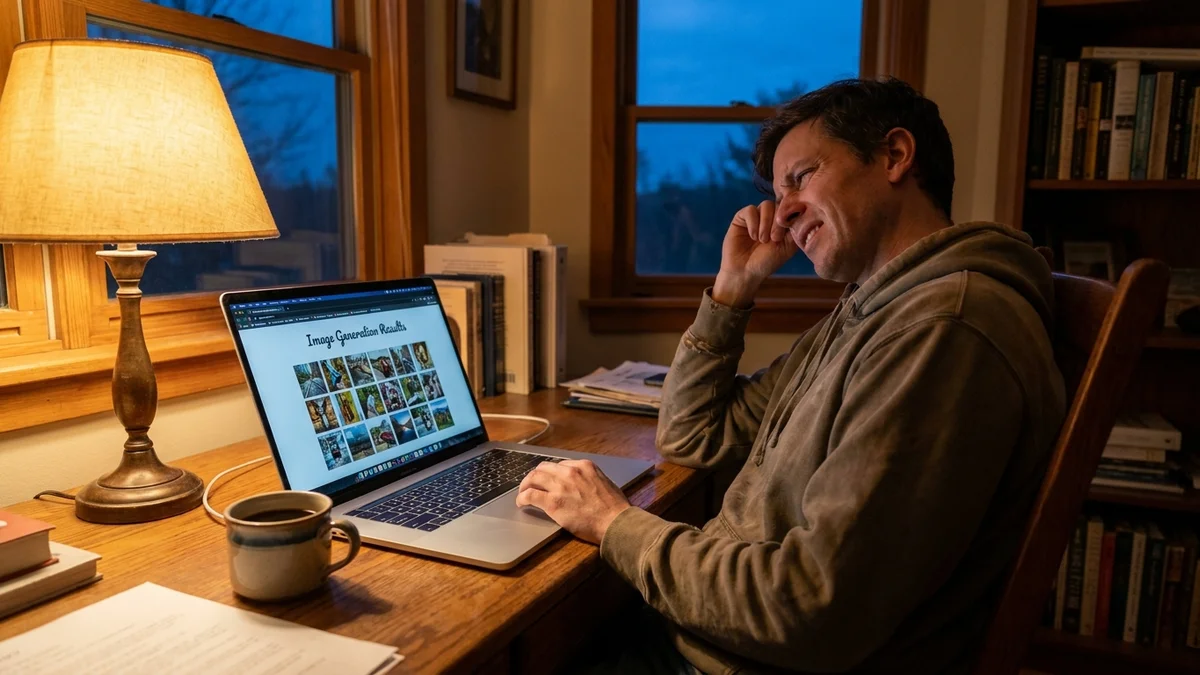 Person reviewing AI image generation results on a laptop
