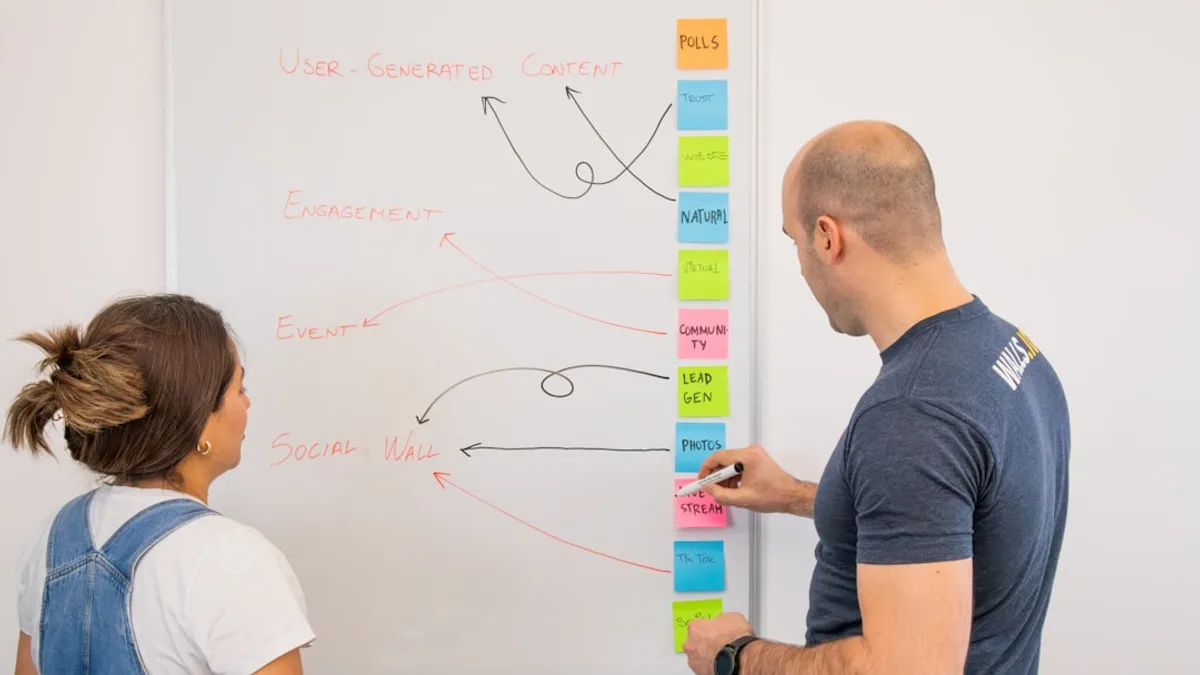 a man and a woman standing in front of a whiteboard