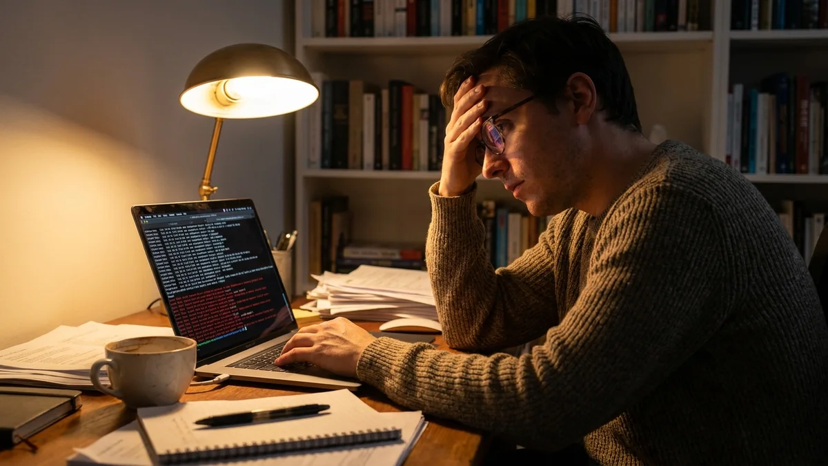 Developer looking frustrated at CUDA error messages on a laptop screen