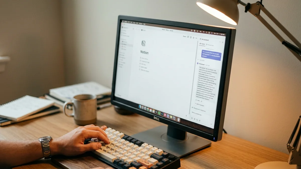 Notion AI assistant panel open on a desktop monitor with hand on keyboard