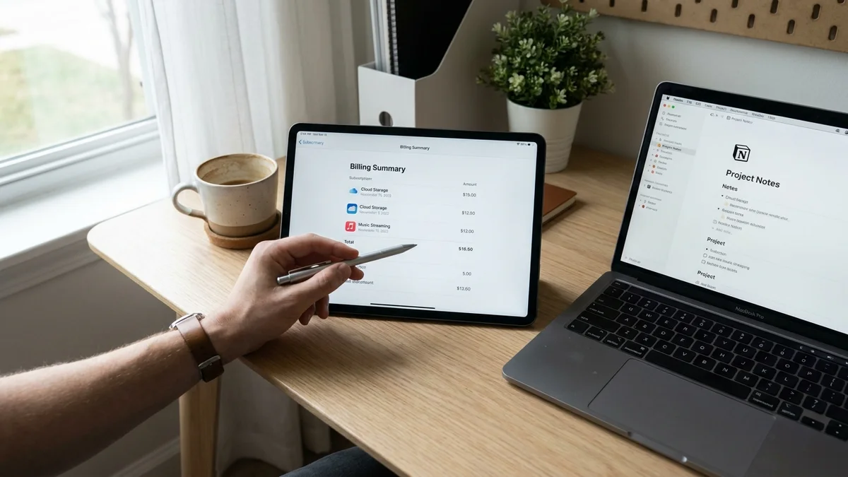 Person reviewing subscription pricing on a tablet next to a laptop