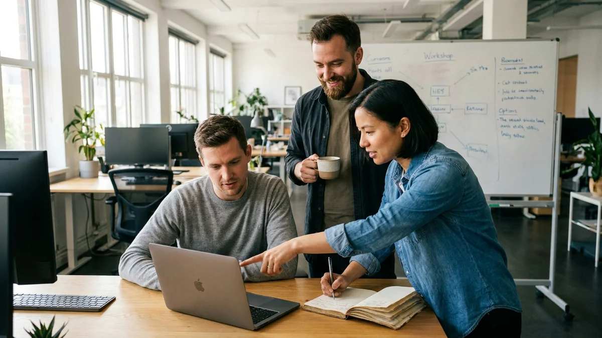 Small team collaborating around a laptop while choosing a productivity tool