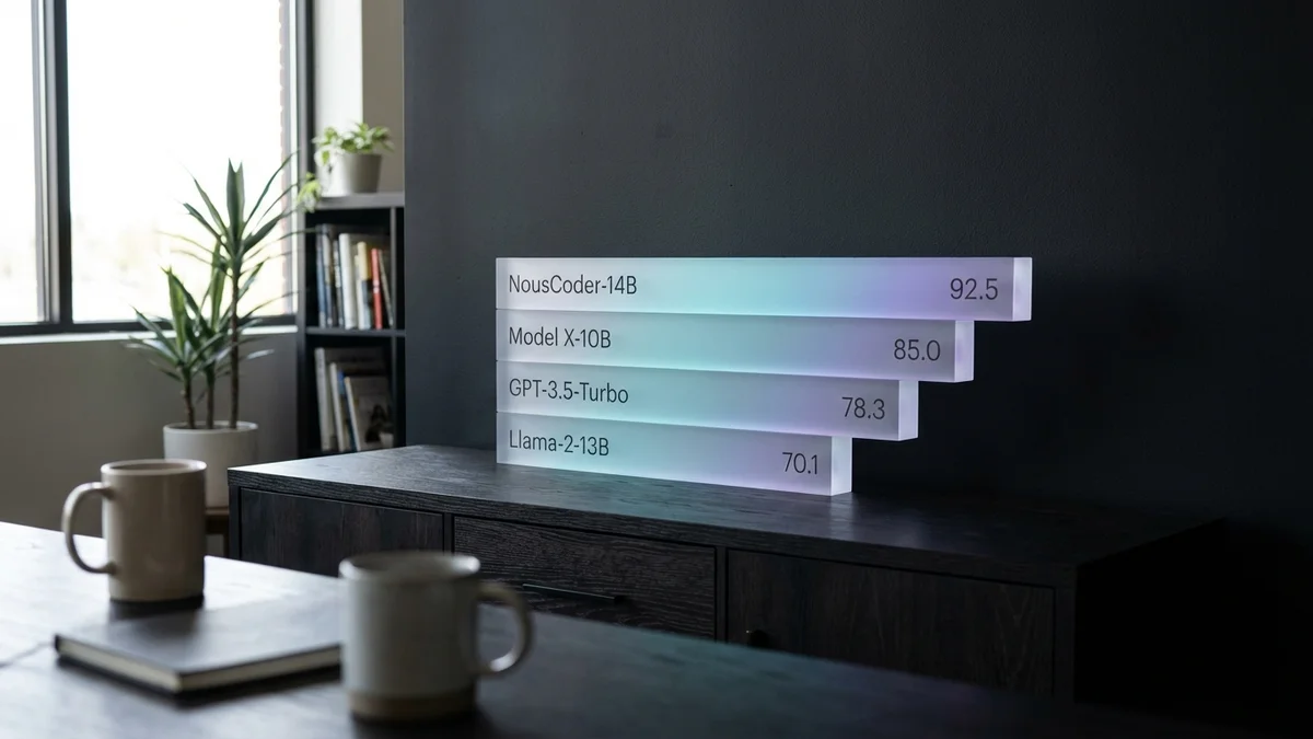 Bar chart showing NousCoder-14B leading open-source coding model benchmarks with 67.87% on LiveCodeBench v6
