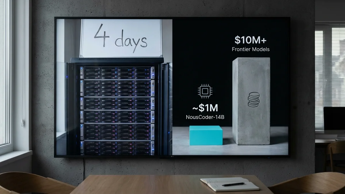 Infographic showing NousCoder-14B was trained in 4 days on 48 Nvidia B200 GPUs at an estimated cost of under $1M