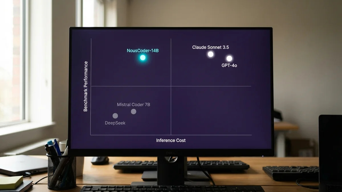 Quadrant chart positioning NousCoder-14B as high-performance and low-cost compared to proprietary models Claude 3.5 Sonnet