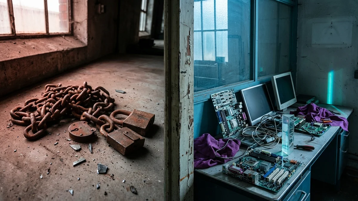 Split-screen illustration of chains breaking apart on the left and free-flowing code particles on the right