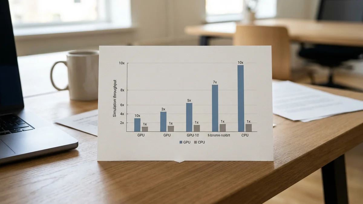 Bar chart comparing MjWarp GPU throughput against CPU MuJoCo baseline on the humanoid model