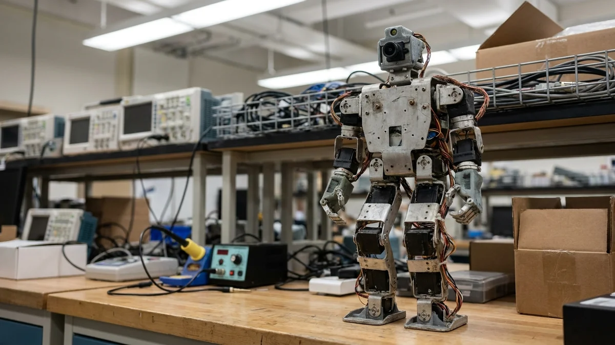 Small bipedal humanoid robot on a lab bench in a university robotics research lab