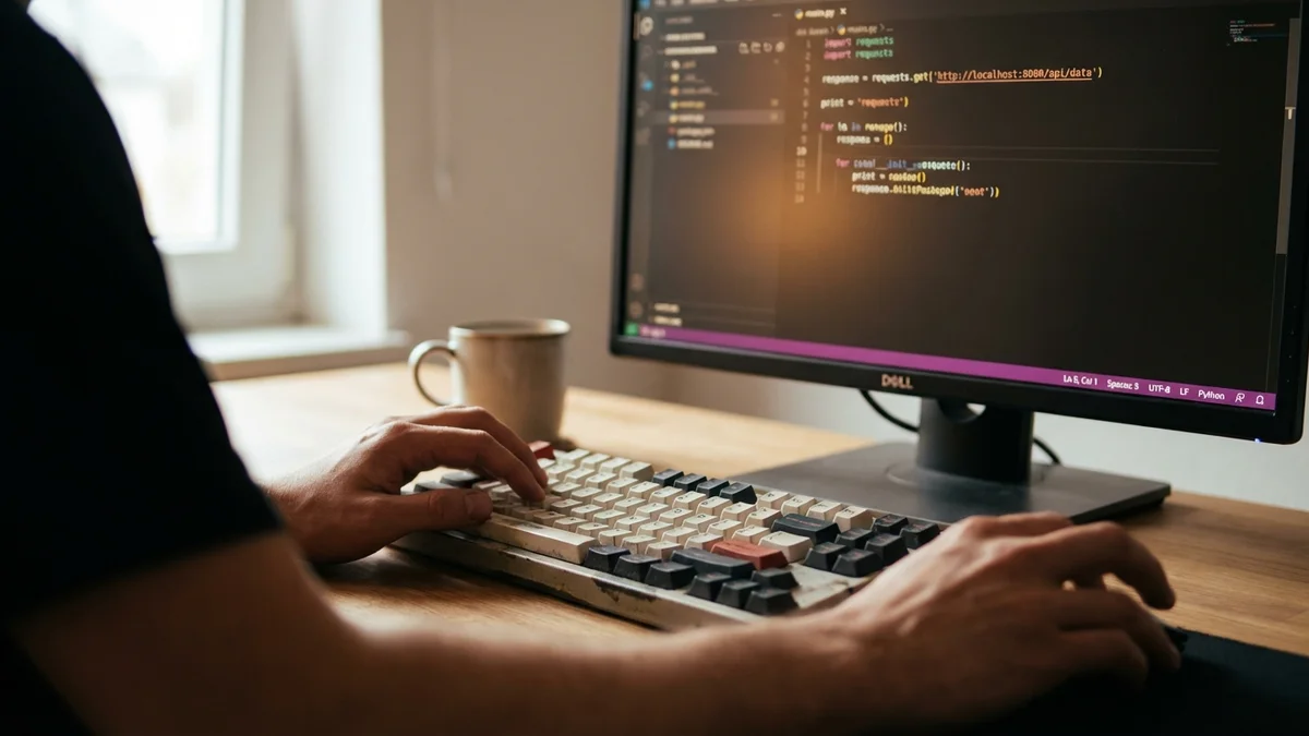 Developer hands typing local LLM API code in editor