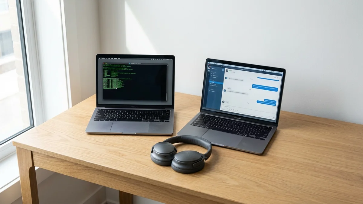 Two laptops comparing terminal and GUI approaches to local AI