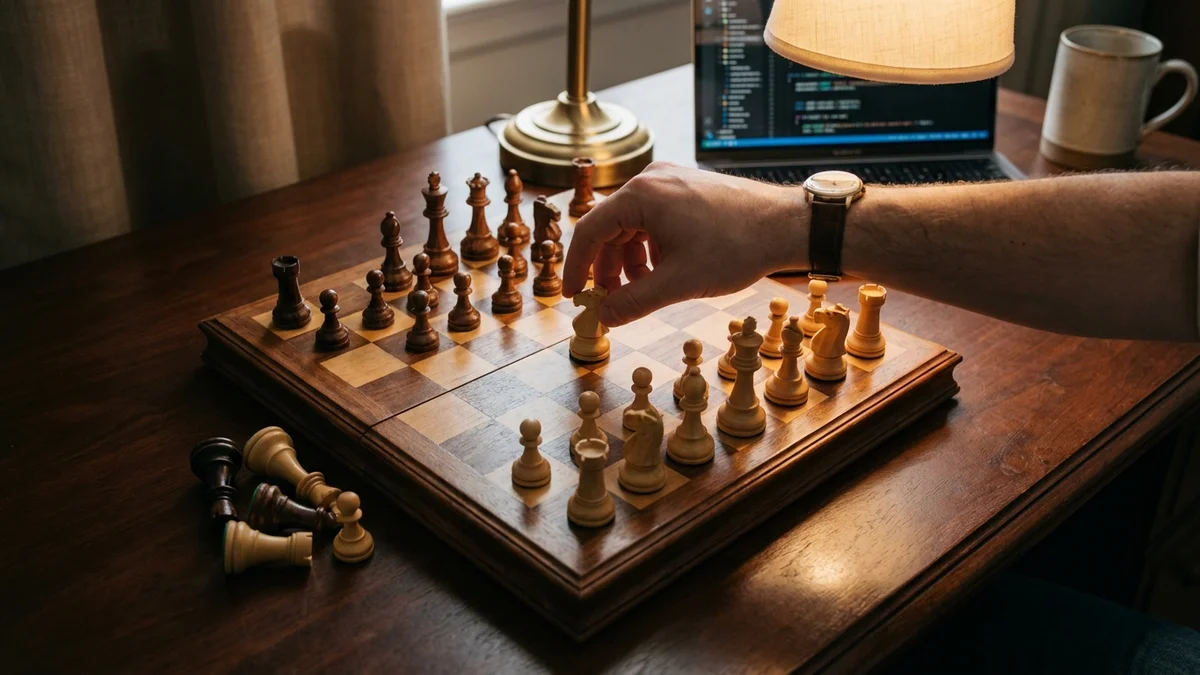 Chess board mid-game representing strategic AI company acquisitions