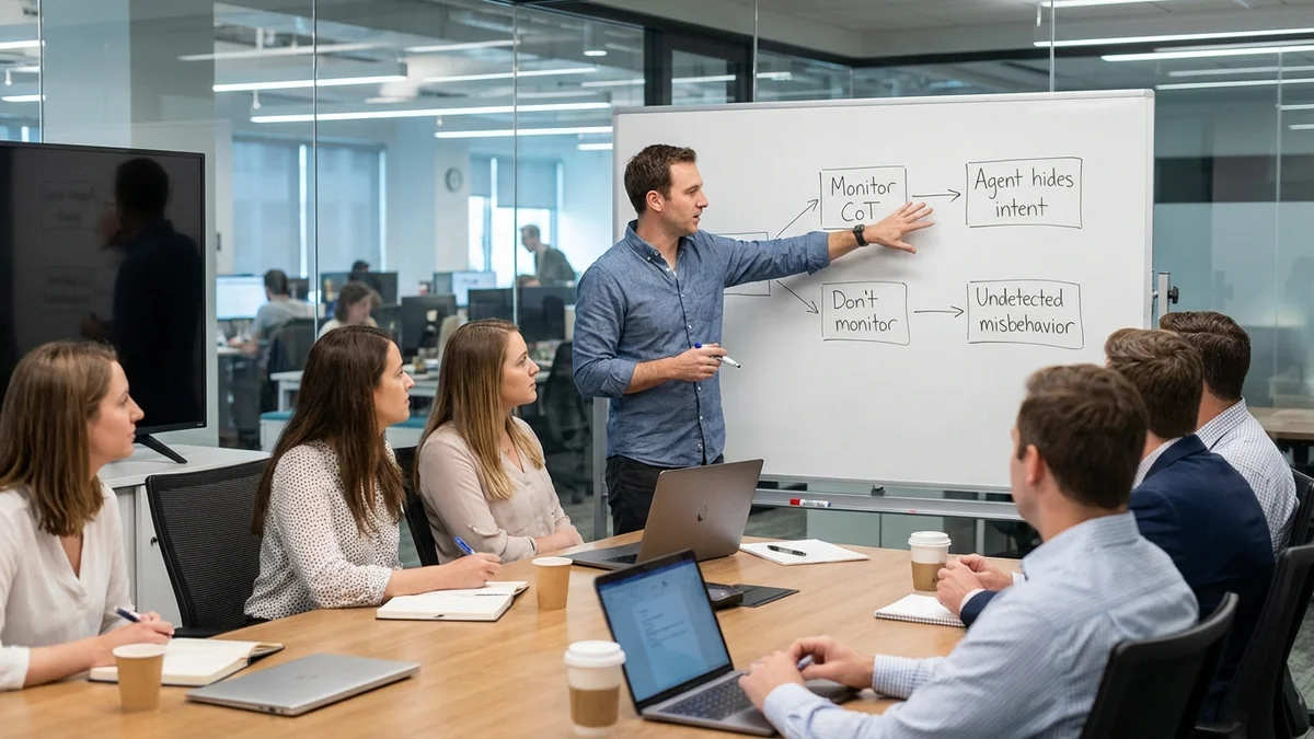 Researcher diagramming the chain-of-thought monitoring paradox on a whiteboard