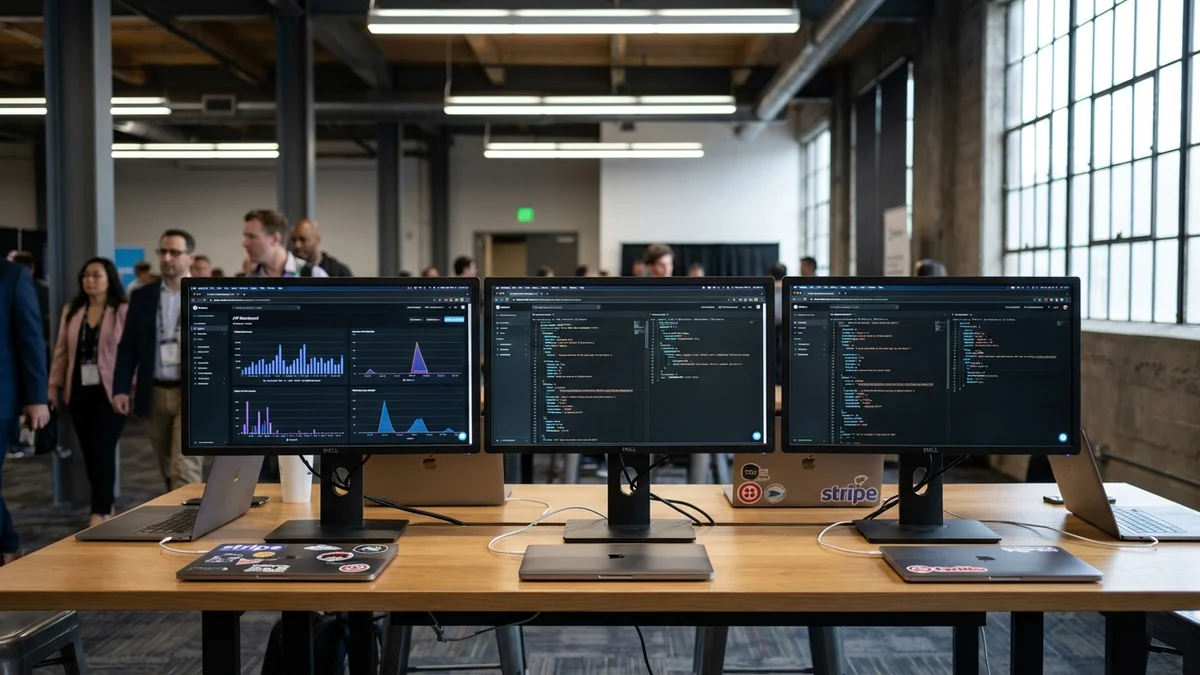 Conference demo area with multiple AI platform dashboards on screens