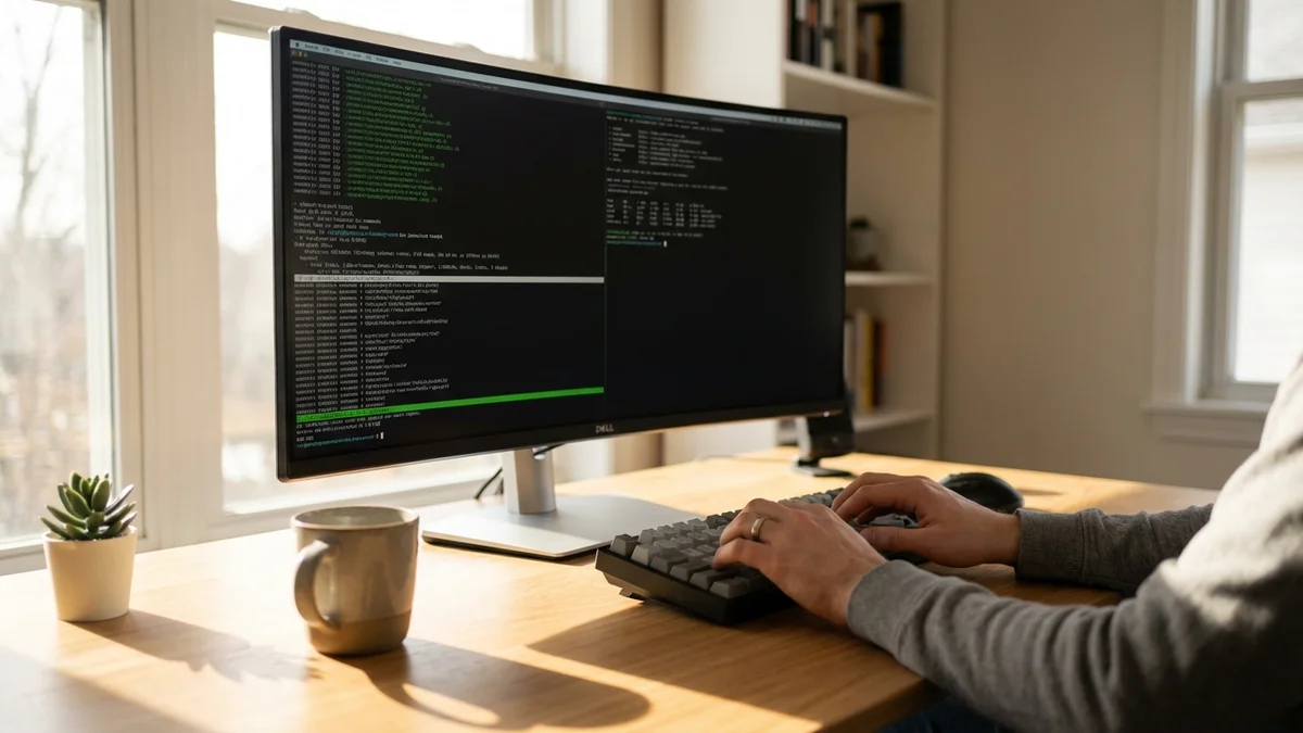 Developer at desk with terminal showing shell command execution