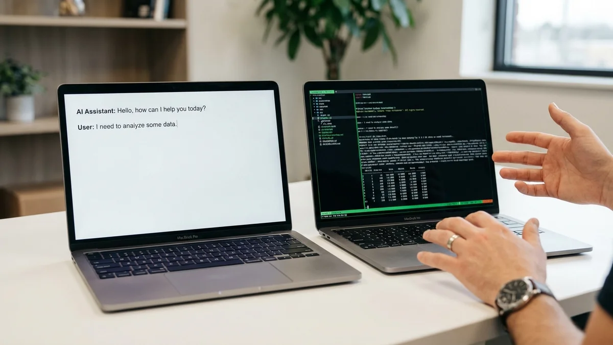 Two laptops comparing chat text output versus agent code execution