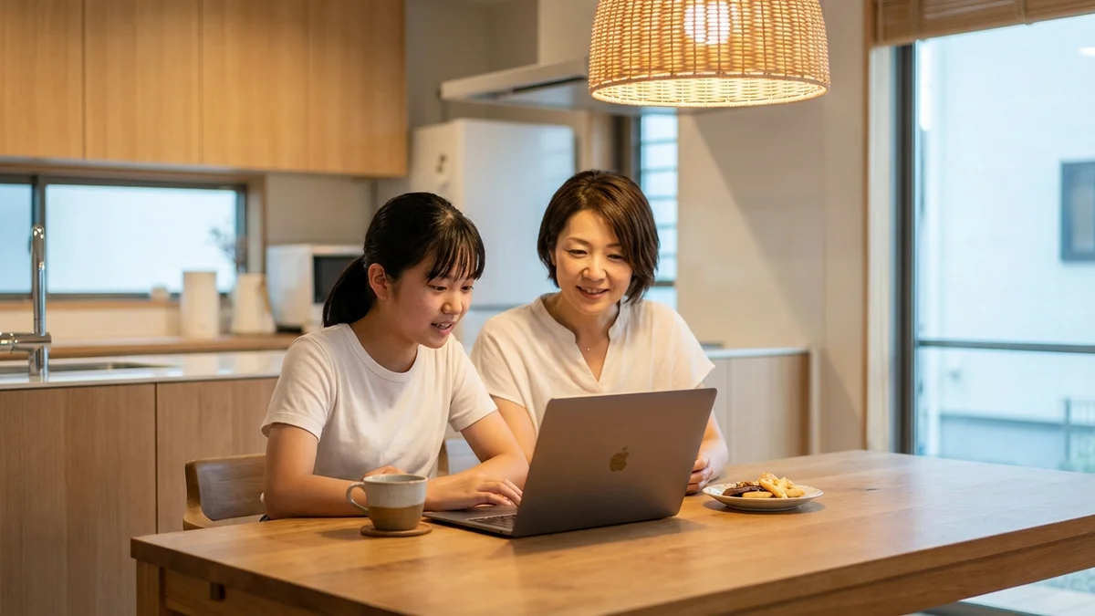 Japanese mother and teen daughter reviewing laptop screen together at home