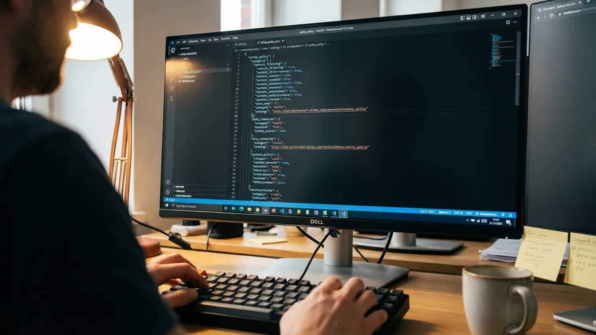 Developer's monitor showing safety policy configuration in code editor