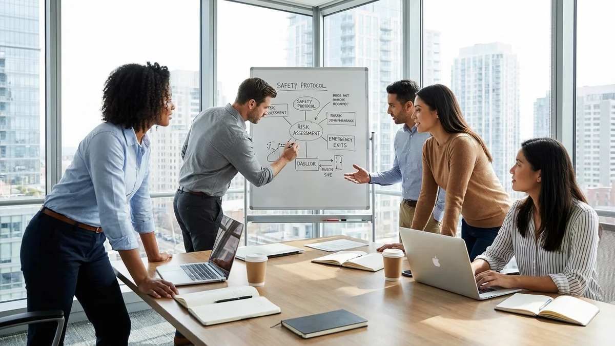 Professionals collaborating on safety policies around conference table