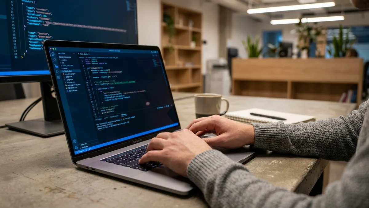 Developer typing Python API integration code on MacBook Pro in modern office