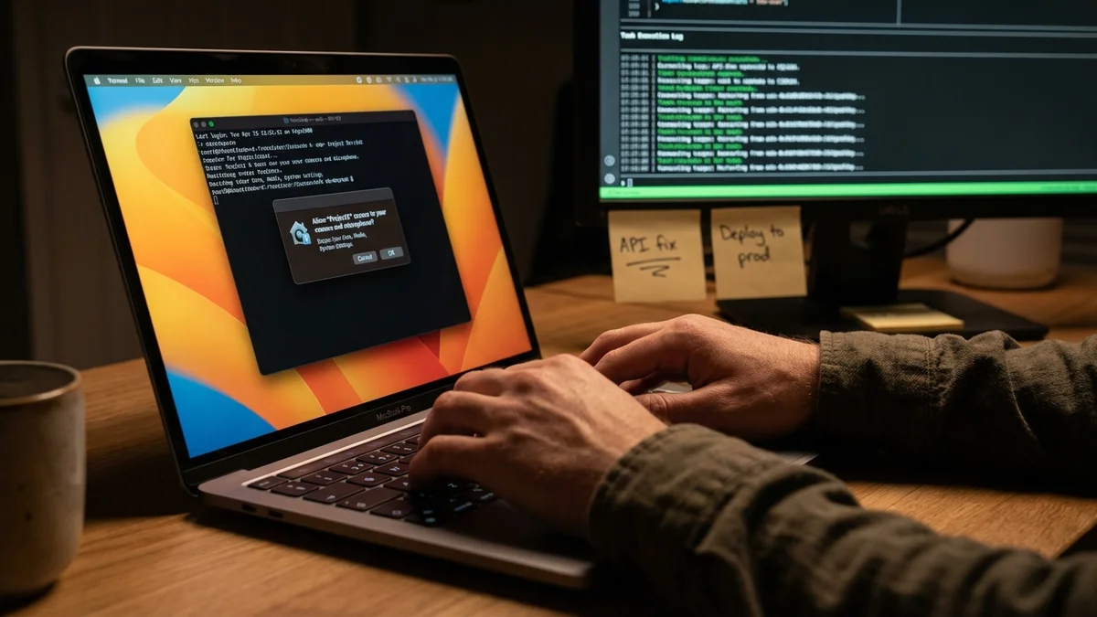 Developer configuring AI agent permissions and scope of autonomy on laptop