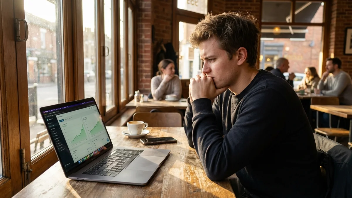 Developer at cafe table studying rising cost metrics on a MacBook dashboard