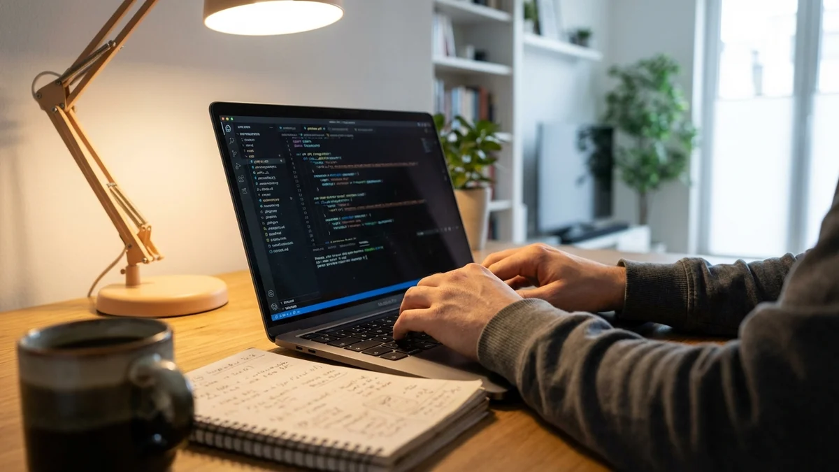 Developer's hands near MacBook showing API code in a warmly lit office