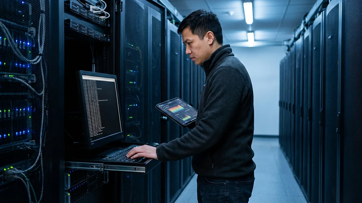 Engineer at a server room terminal running shell commands on a mounted screen