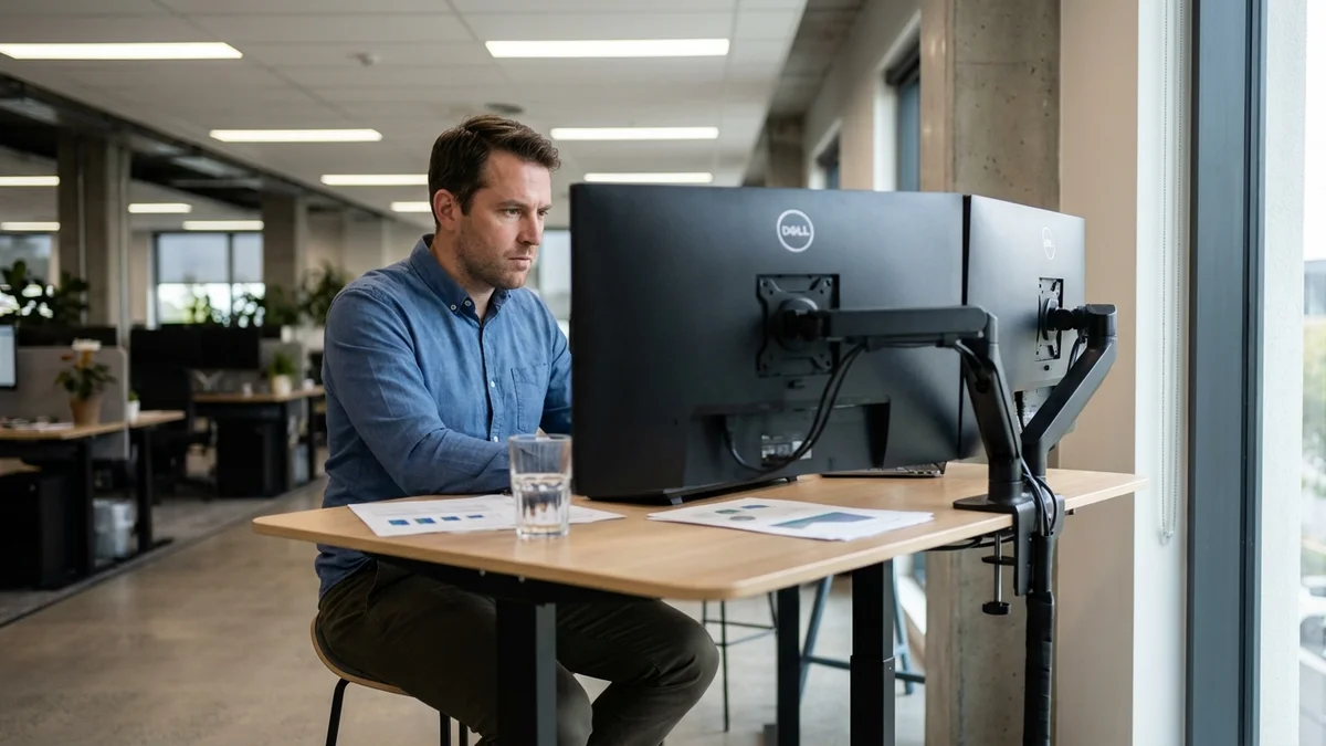 Researcher at dual monitors reviewing AI platform benchmark comparison data