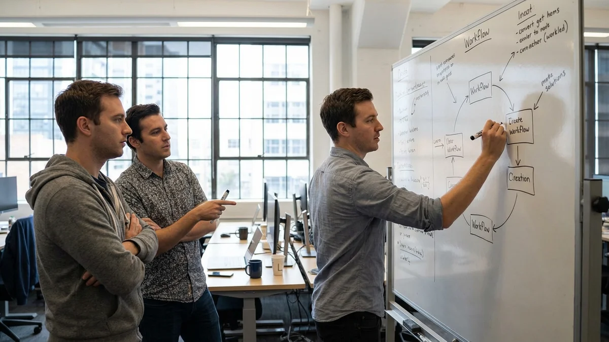 Three engineers at a whiteboard sketching a circular workflow diagram