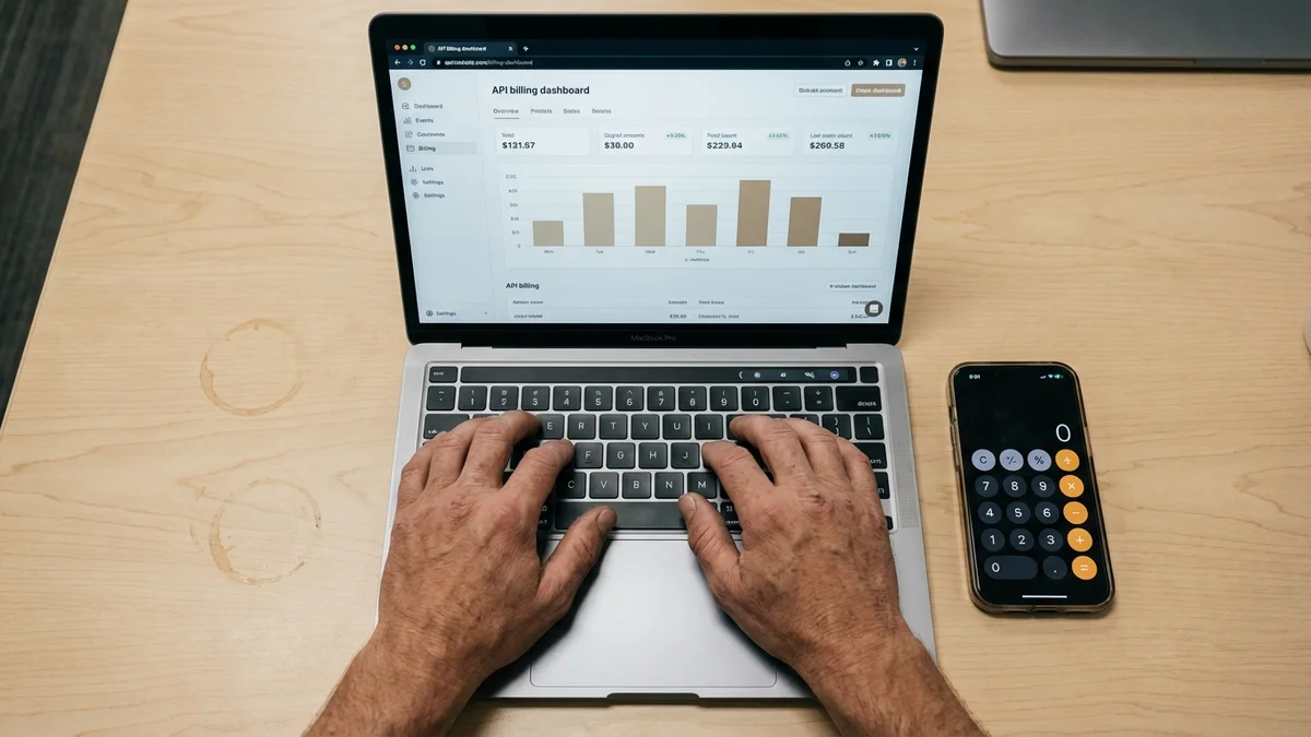 Developer reviewing API billing dashboard on MacBook Pro