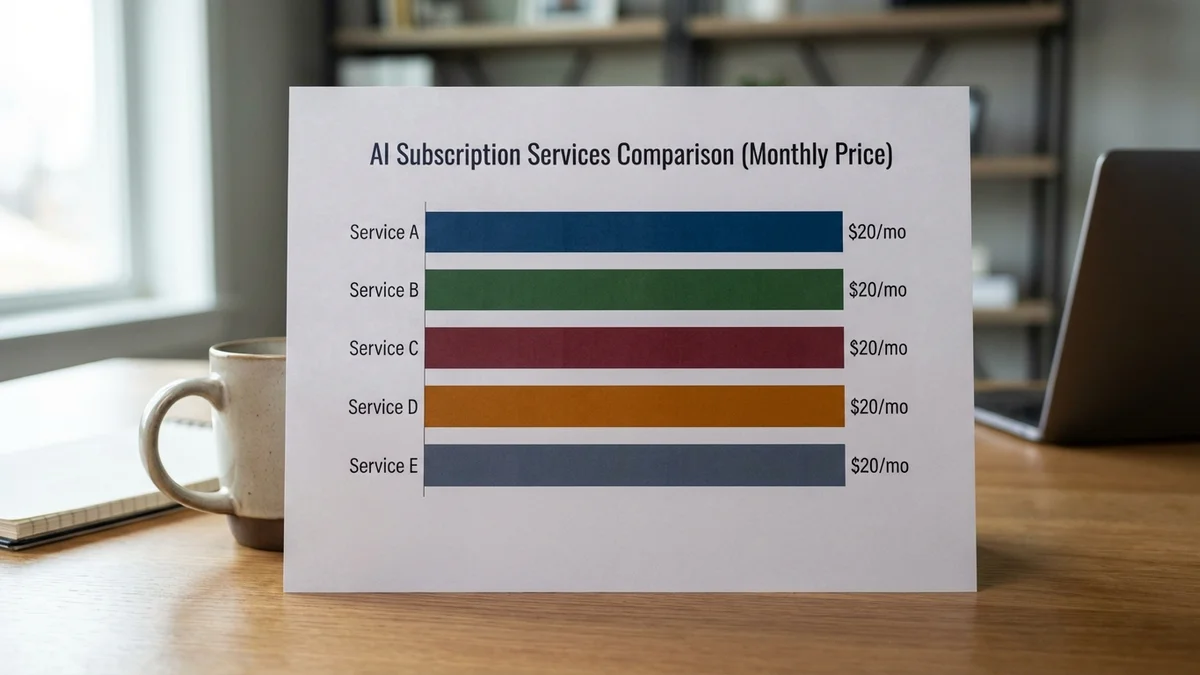 Bar chart showing $20/month pricing across five major AI subscriptions
