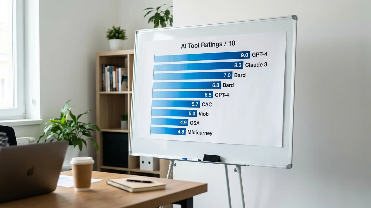 Horizontal bar chart comparing AI tool ratings with Claude at 9