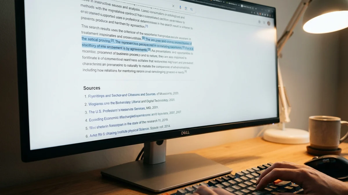 Monitor displaying AI search results with numbered citation links