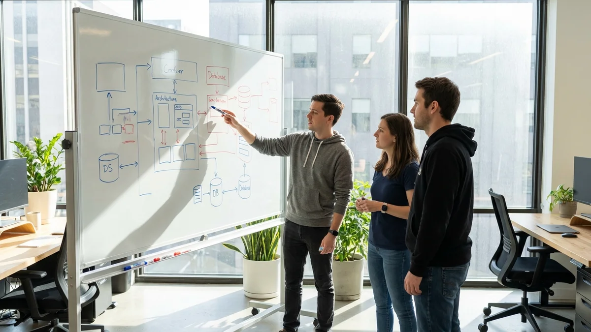 Development team discussing database architecture at a whiteboard