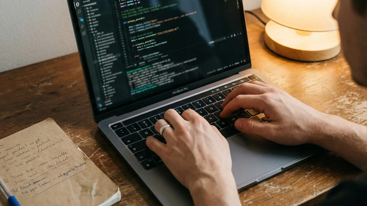 Hands typing Python vector database setup code on laptop