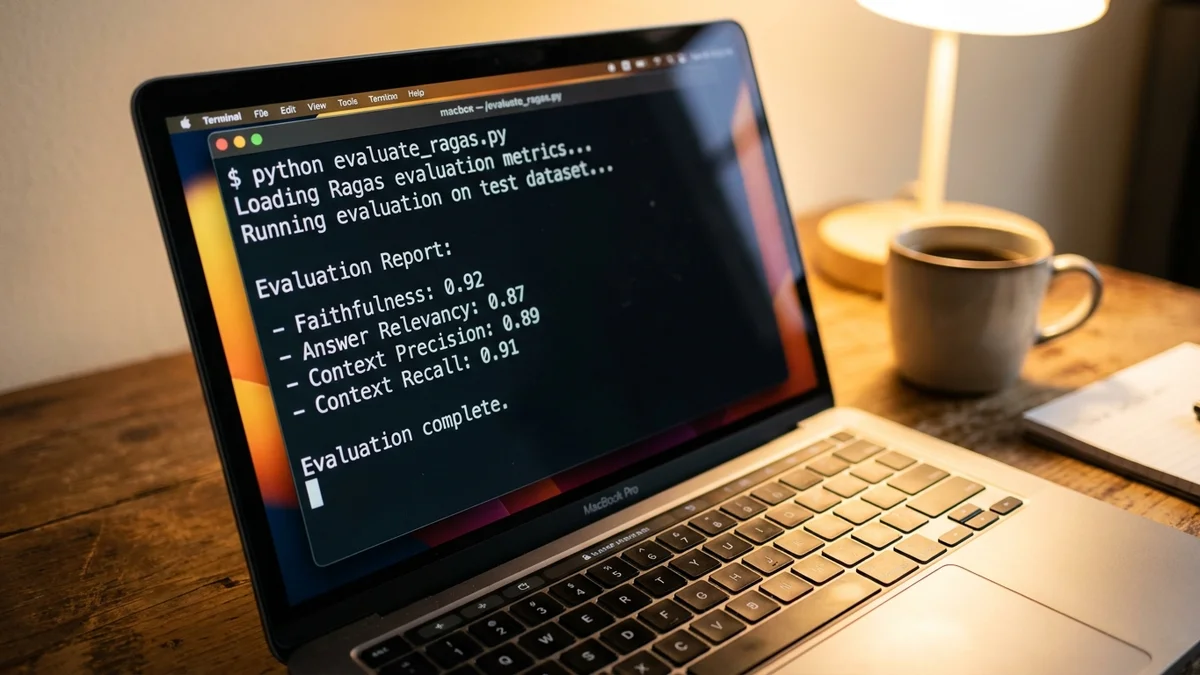 Laptop screen showing RAGAS evaluation metrics output in a Python terminal