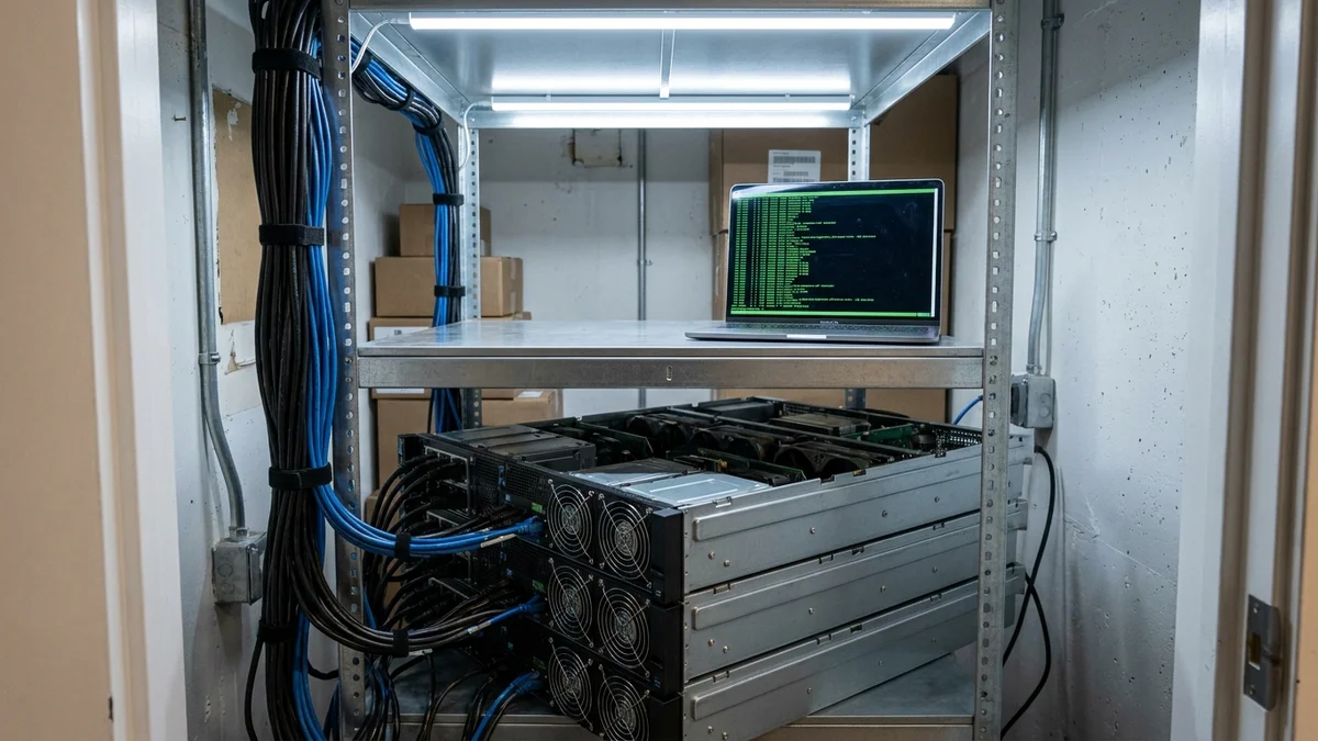 Rack-mounted GPU server in a small data closet used for self-hosted open model inference