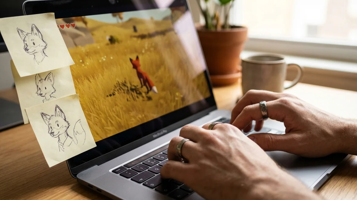 Hands typing a character prompt with a fox world visible on screen