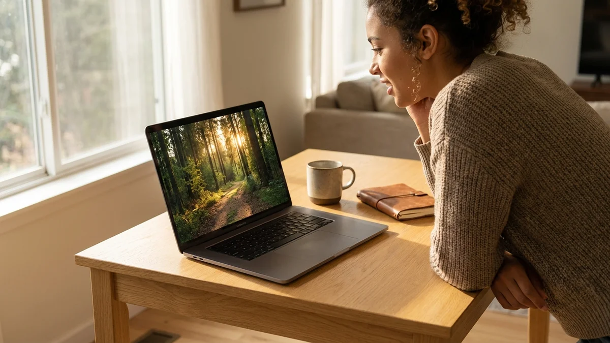 Woman exploring a Project Genie forest world on her laptop