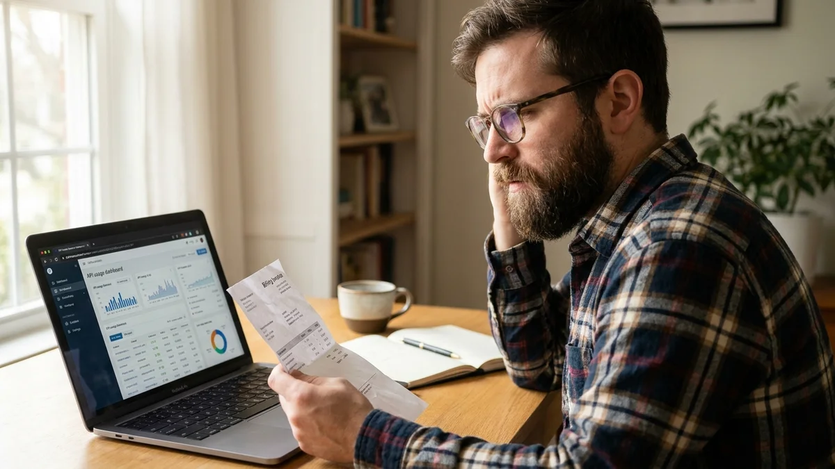 Developer holding a printed invoice while reviewing an API usage dashboard on a MacBook