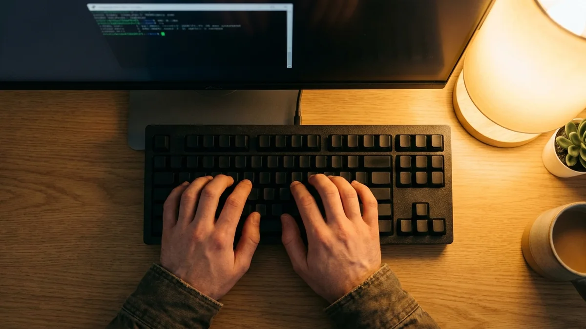 Hands typing on a mechanical keyboard with a terminal window on the monitor in the background
