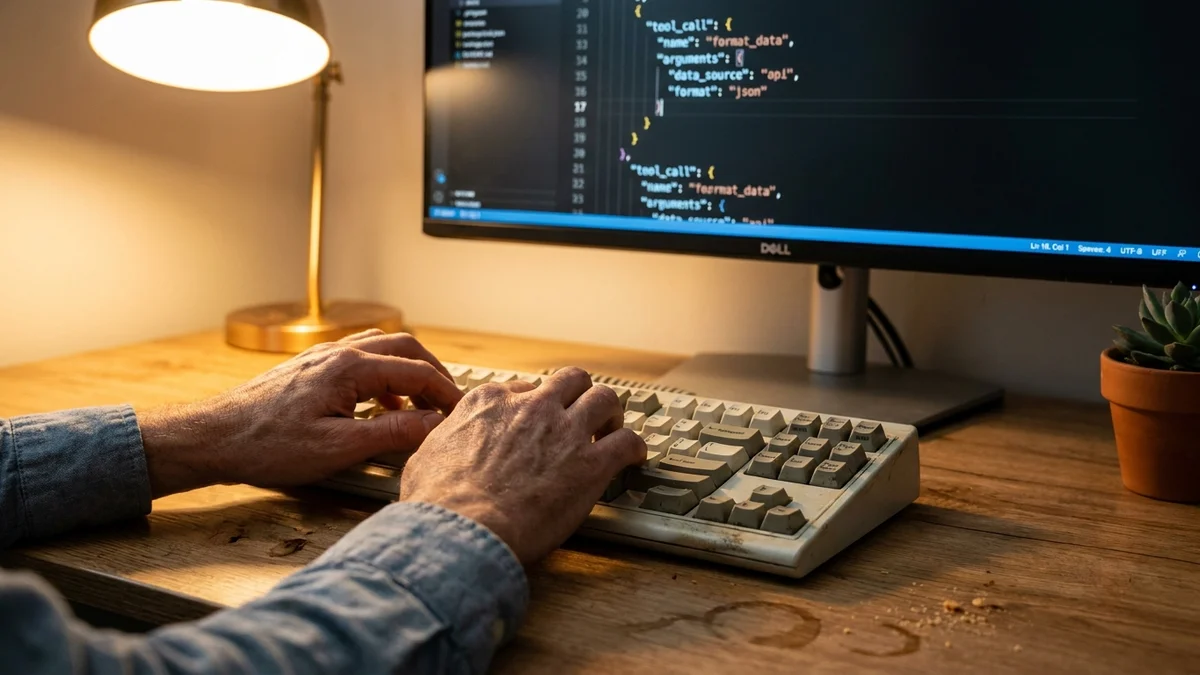 Developer hands typing while a monitor shows structured JSON tool-call output in a code editor