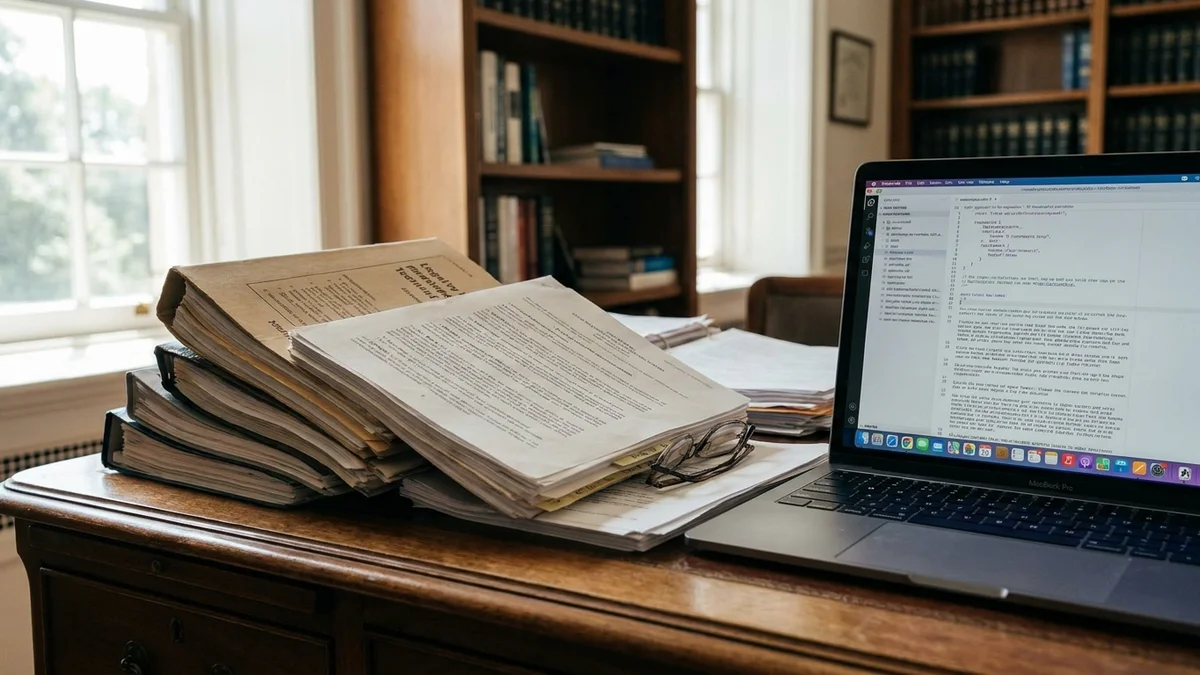Stack of printed documents beside a laptop showing long-form text processing