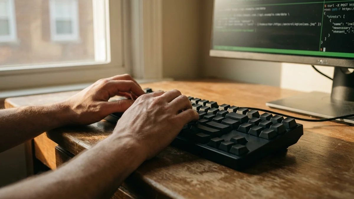 Developer hands typing on mechanical keyboard with terminal on monitor