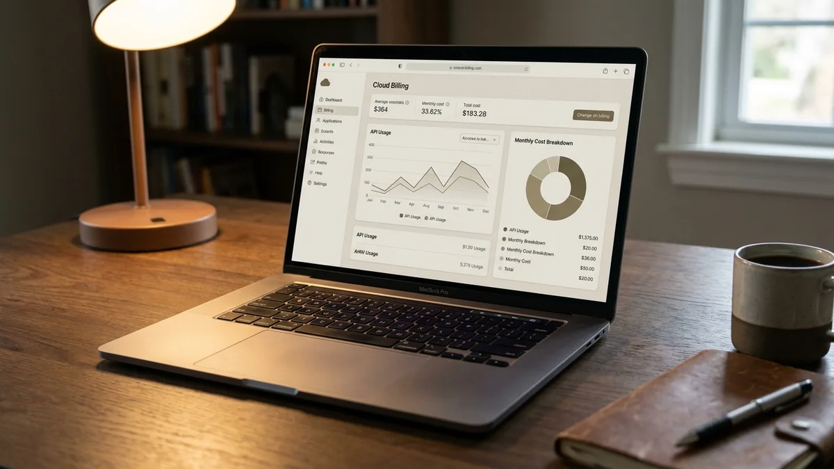 Laptop displaying cloud API billing dashboard with cost breakdown graphs