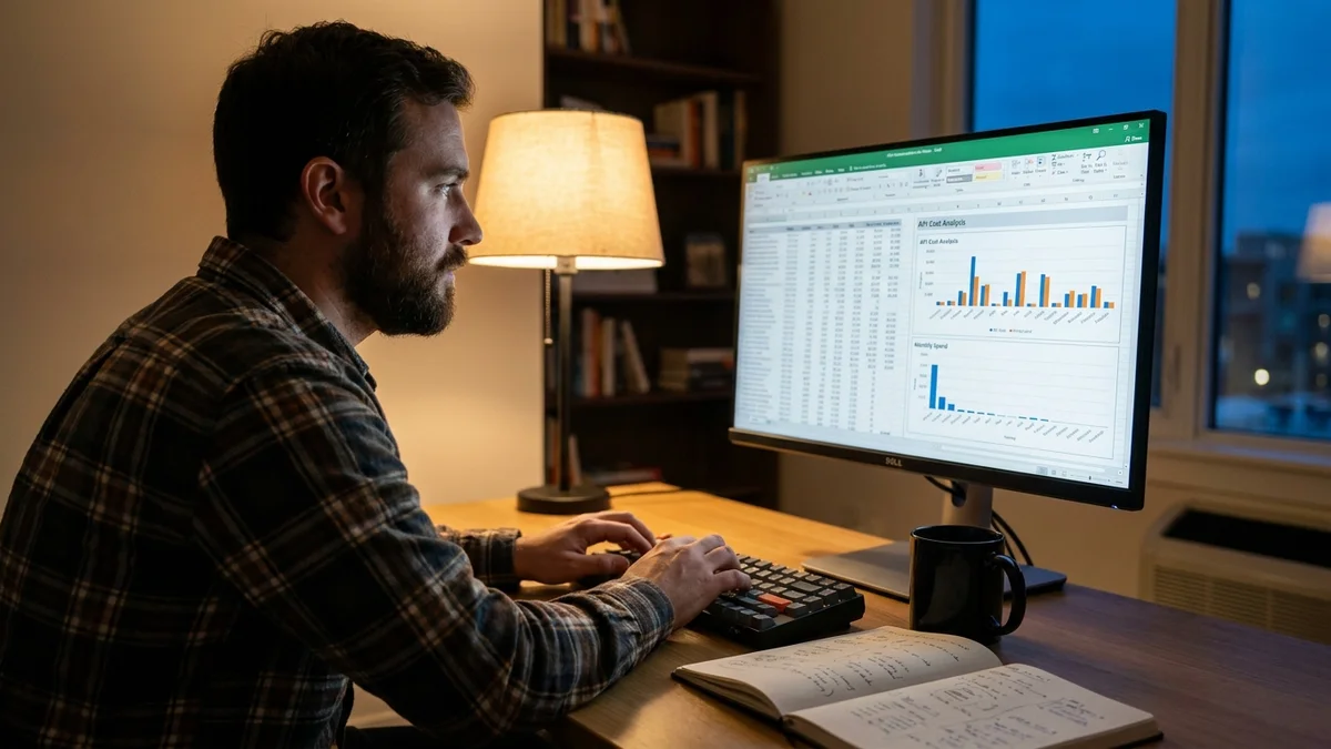 Developer reviewing API cost dashboard on a monitor at a desk