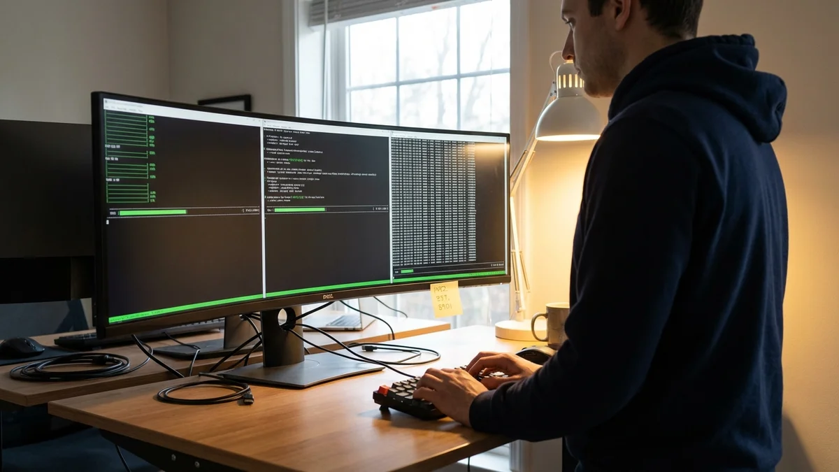 Developer at a standing desk with three terminal windows showing different model inference outputs