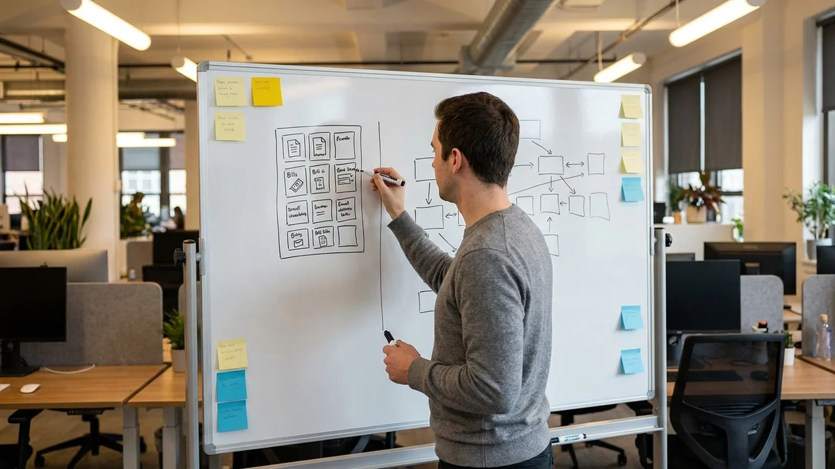 Engineer sketching a training data architecture diagram on a whiteboard in an open office