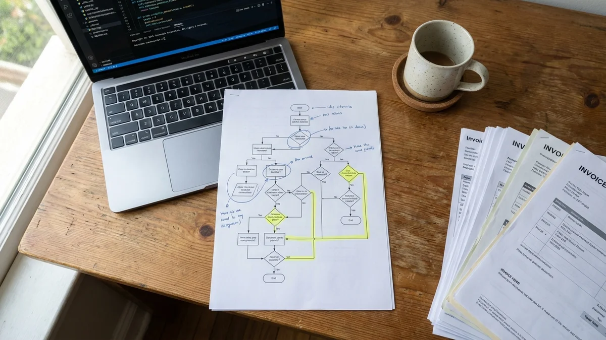 Flat lay of desk with printed decision flowchart