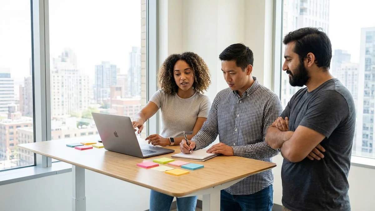 Engineering team discussing AI architecture decisions around laptop